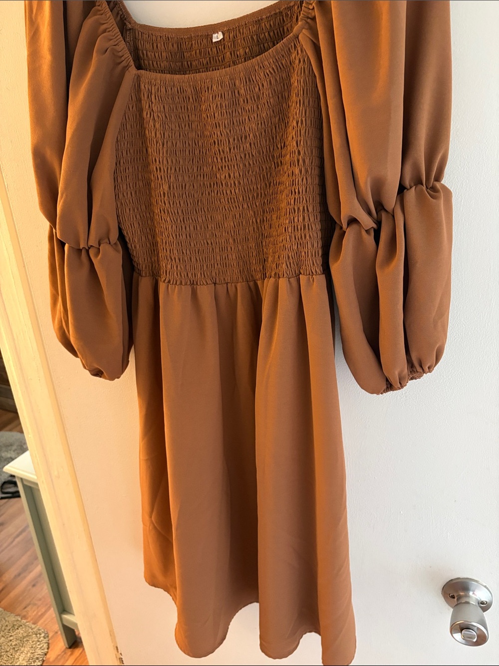Amazon Puff-Sleeve Smocked Midi Dress in Brown